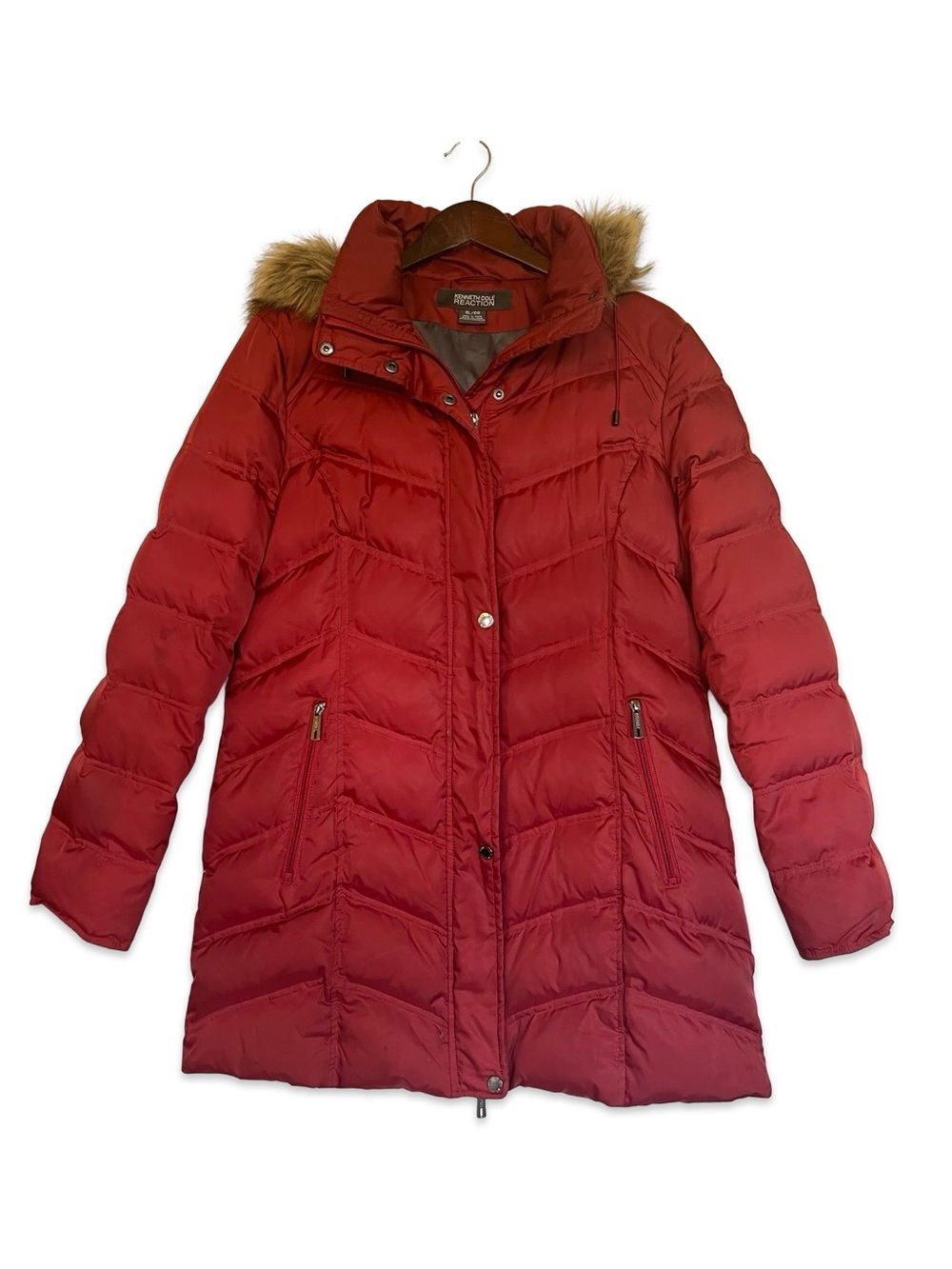Kenneth Cole red down puffer coat Size XL Hooded puffy jacket Winter Warm Cozy